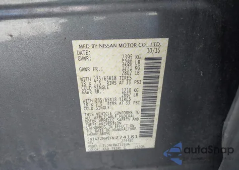 2015 Nissan Murano Sl from USA, damaged, VIN 5N1AZ2MH9FN274181